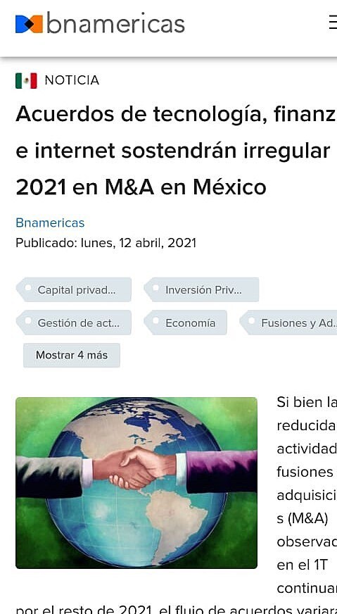 Acuerdos de tecnologa, finanzas e internet sostendrn irregular 2021 en M&A en Mxico